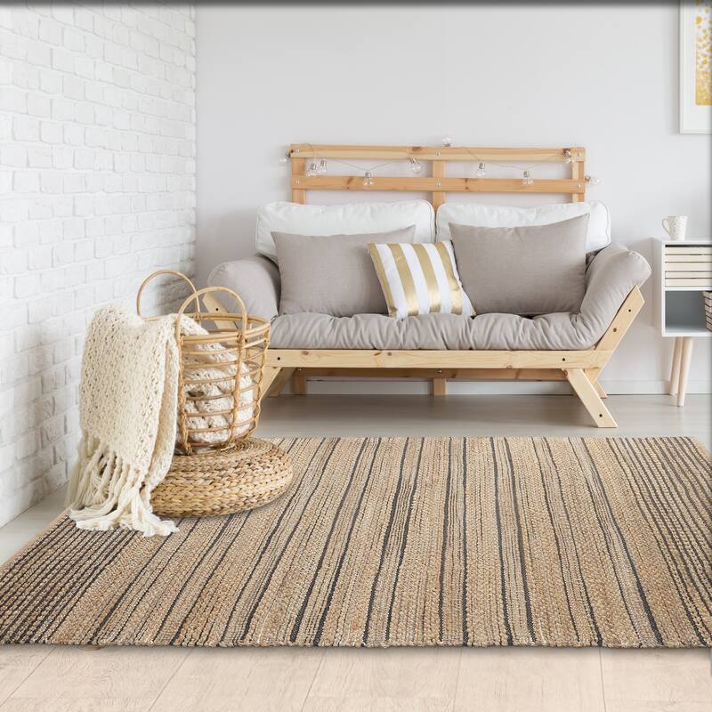 Sevita Nevaeh Tan/Black Striped Handmade Jute Blend Farmhouse Indoor Area Rug