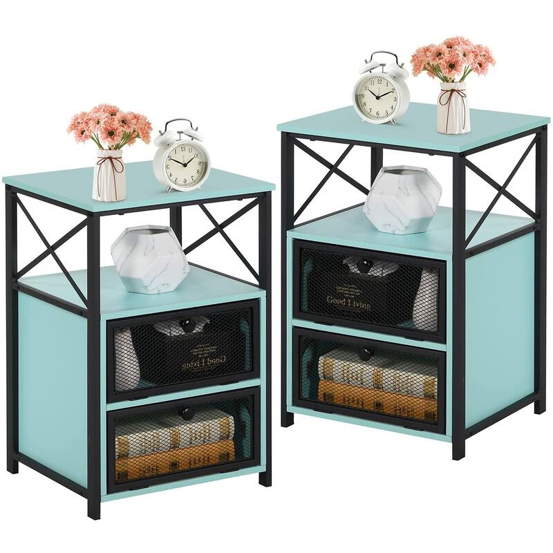 VECELO Modern End Table with 3-tier Storage Shelves, Nightstands with Charging Station(Nightstand Set of 2)