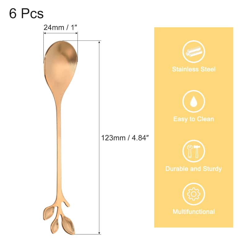 6Pcs 4.8" Stainless Steel Leaf Coffee Spoon Tableware Dessert Spoons - Rose Gold