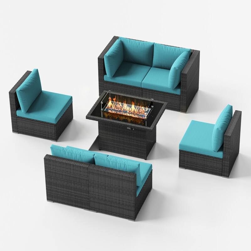 7 Piece Outdoor Sectional Modular Wicker Patio Conversation Set with 43'' Fire Pit Table and Cushion