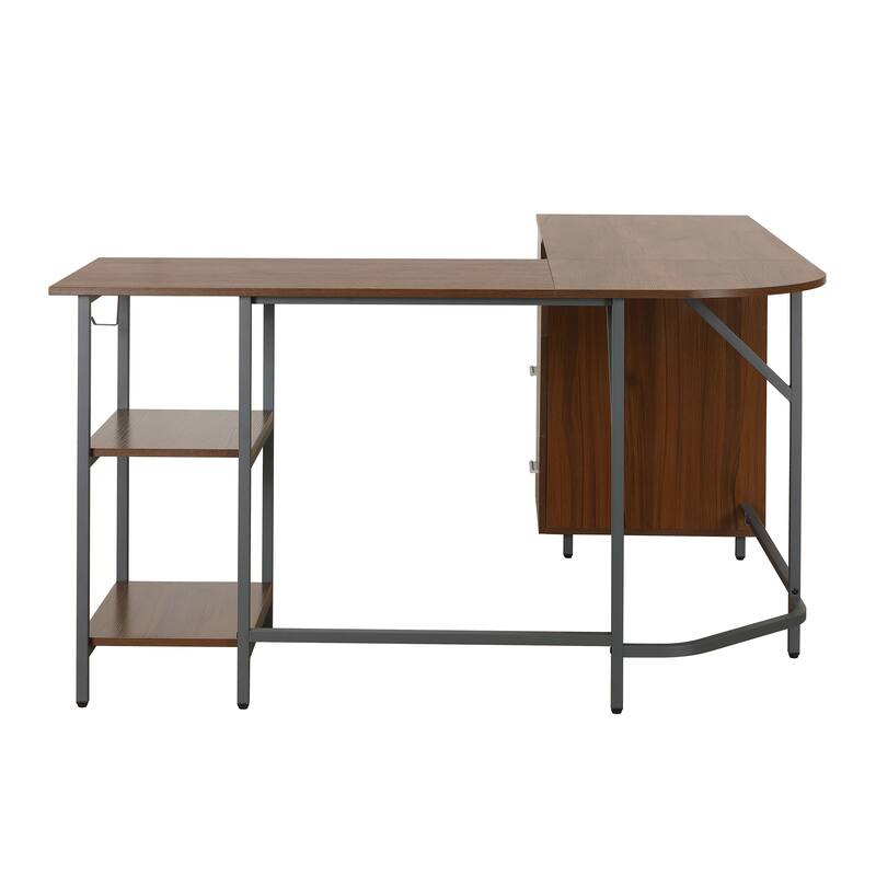 L-Shape Home Office Two Tone Desk with Storage, Walnut
