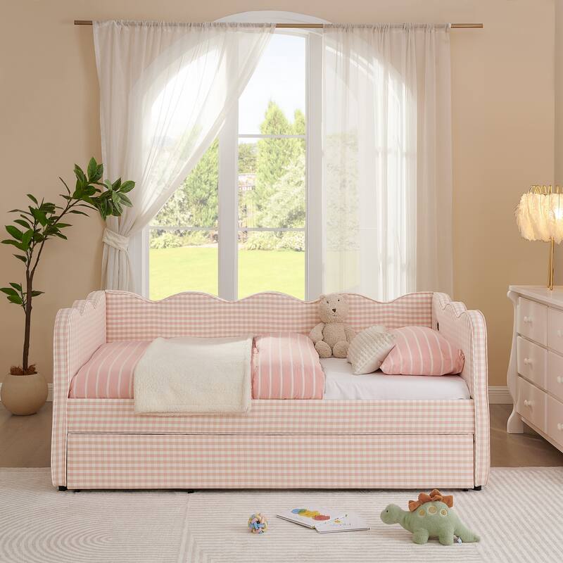 Cozy Gingham Daybed with Trundle Bed, Twin Size Upholstered Sofa Bed with USB Port, Linen Fabric Twin Sofa Bed Frame - Pink - Twin