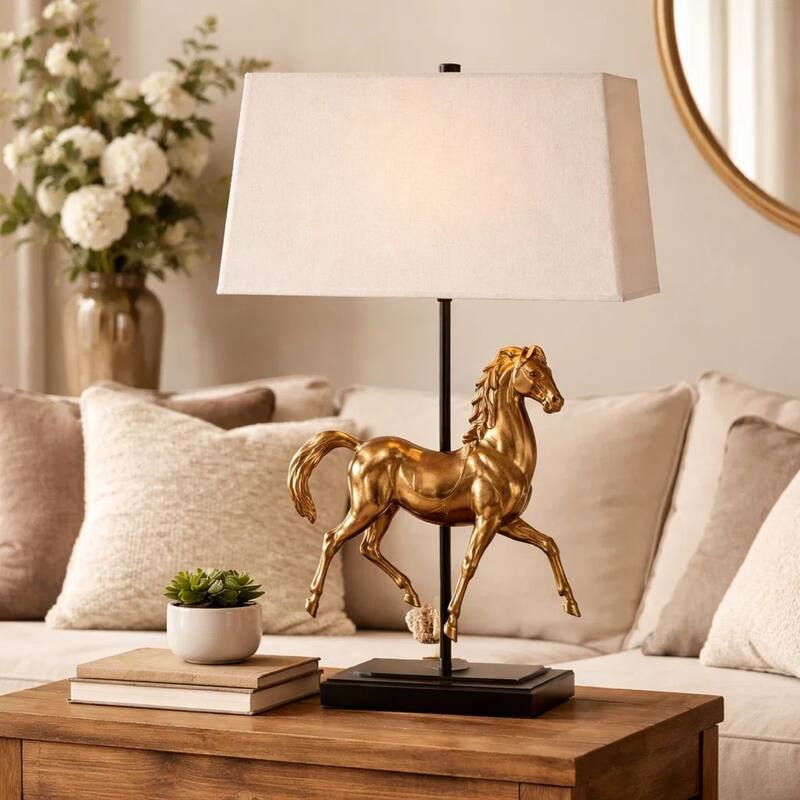 Horse Sculpture Table Lamp, Beige Linen Shade, 29 Inch Black Iron