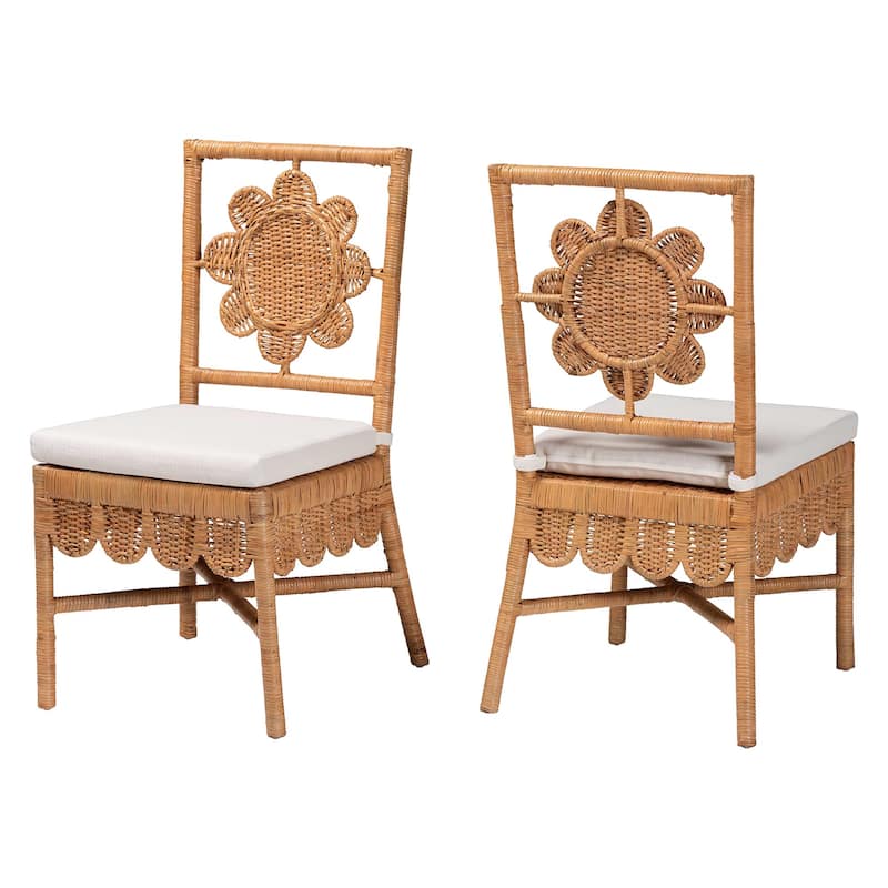 Abagale Natural Rattan Dining Chair - Handwoven Wicker Accent Side Chair with Floral Back and Removable Cushion - Light Honey