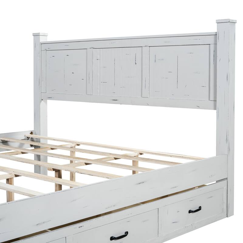 White Distressed Platform Bed Frame Wood Panel Bed w/ 3 Storage Drawers
