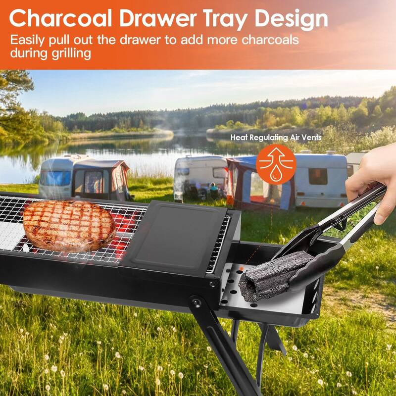 Foldable Charcoal BBQ Grill with Side Tray