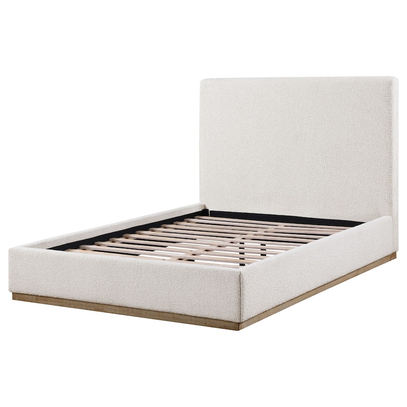 Ole Queen Size Bed, Upholstered Panel Headboard, Plinth Base, Gold, Ivory