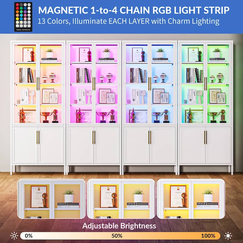 6-Tier Tempered Glass Curio Display Cabinet with 4 Doors, Adjustable Shelves, 13 Color Lights