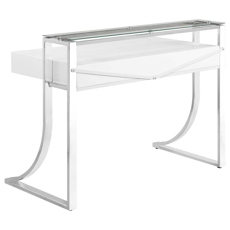 GDFStudio - Serrano High Gloss Writing Desk with Hutch, 2 Drawers, Chrome Metal Frame, and Tempered Glass Accent