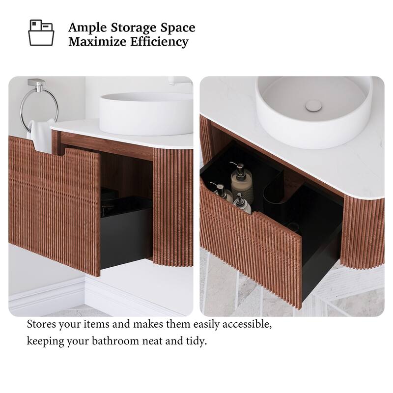 Plywood Wall-Mounted Bathroom Vanity Set with Integrated Ceramic Sink in Natural Wood