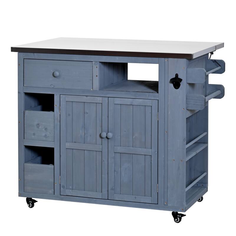 Outdoor Solid Wood Extendable Kitchen Island with Stainless Steel Top, Side Spice Rack, Drawers & Storage Cabinet