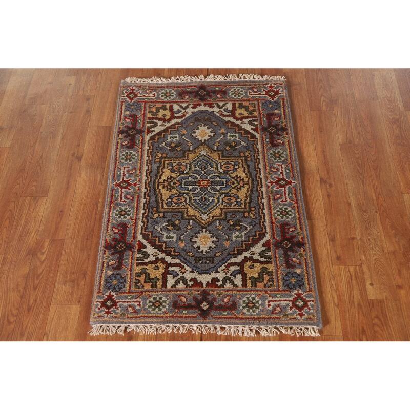 Gray Geometric Heriz Serapi Indian Rug Hand-Knotted Wool Carpet - 2'0"x 3'0"