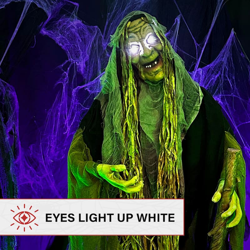 Haunted Hill Farm 5.7-Ft. Life-Size Talking Animatronic Witch with White Eyes