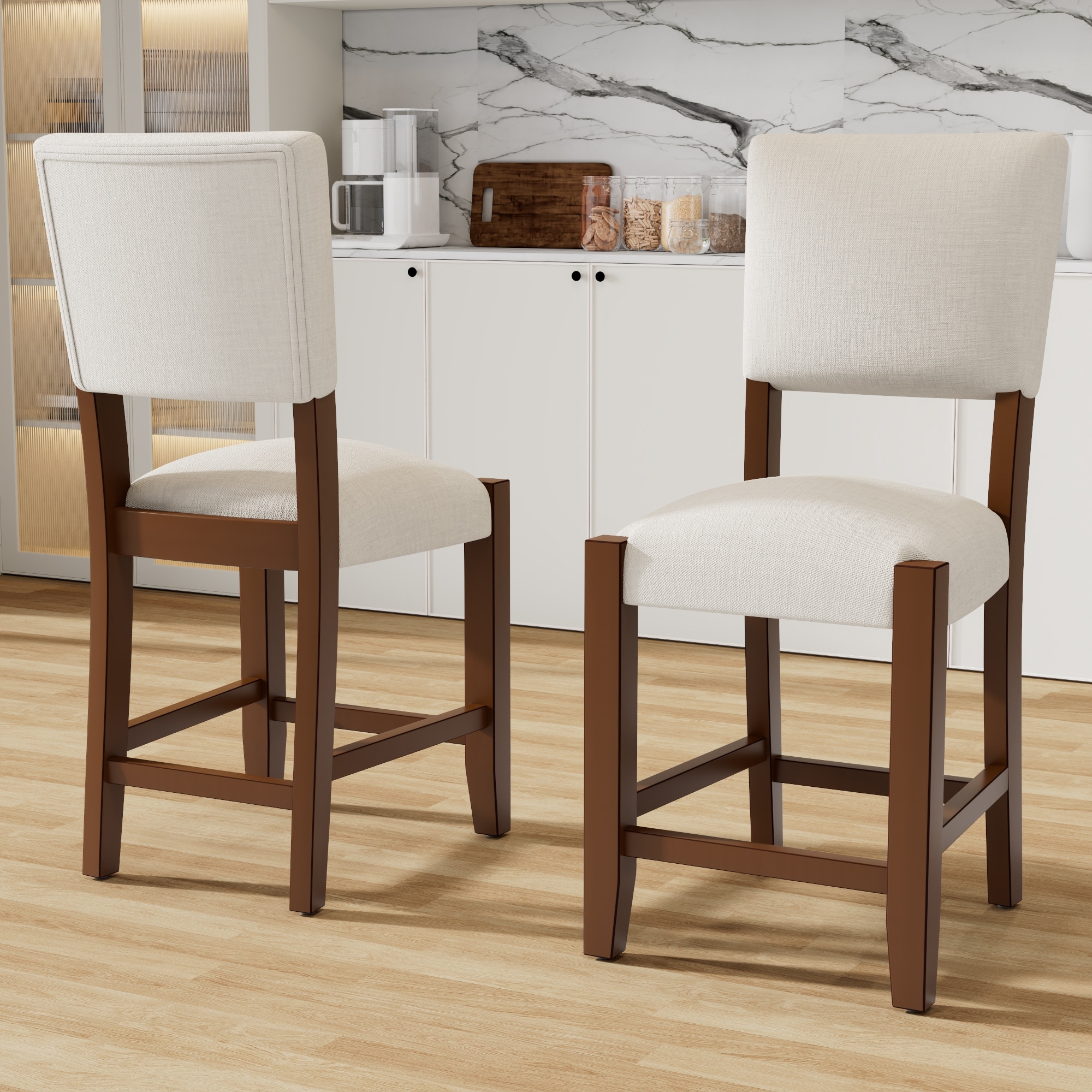 Mid Century Modern Bar Stools Set of 2, 40.4" Counter Stools with Back, Linen Upholstered Barstools with Legs Bar Chairs