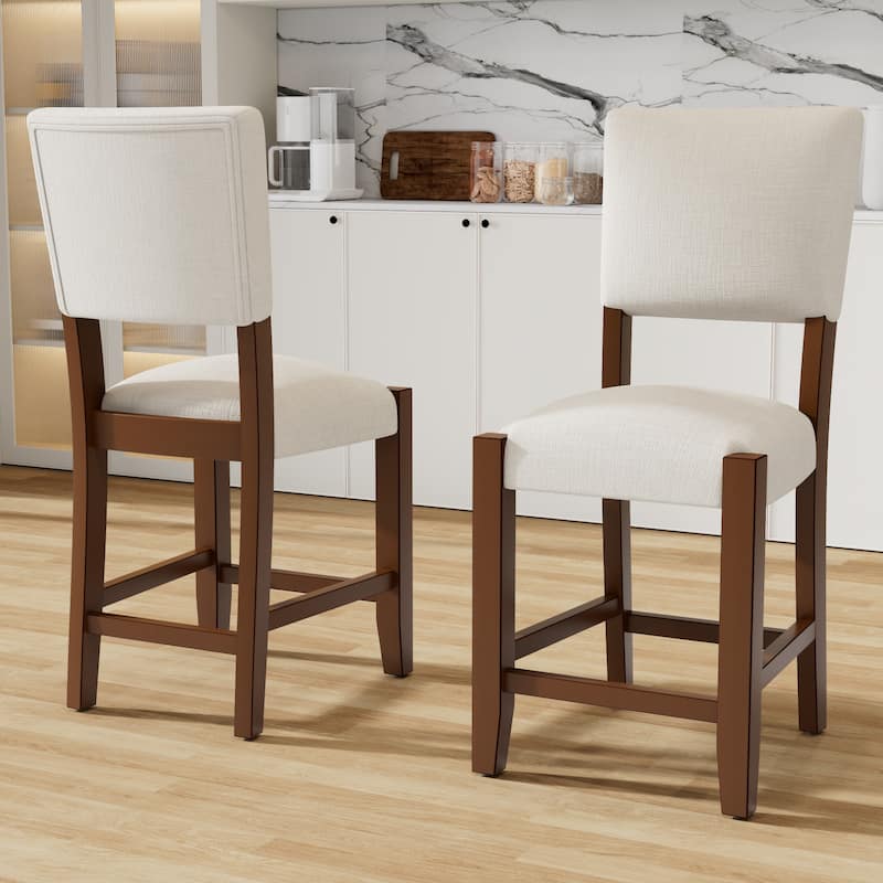 Mid Century Modern Bar Stools Set of 4 40 Inch Linen Upholstered Wood Legs - Off White