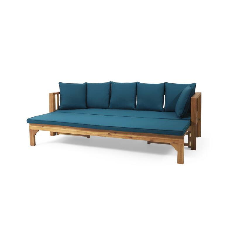 Outdoor 3-Seater Acacia Wood Sofa w/ Cushions, Extendable Patio Daybed