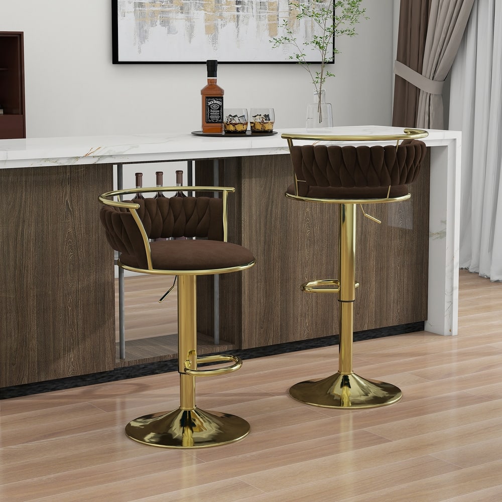 2 Set Velvet Swivel Adjustable Bar Stools with Footrest