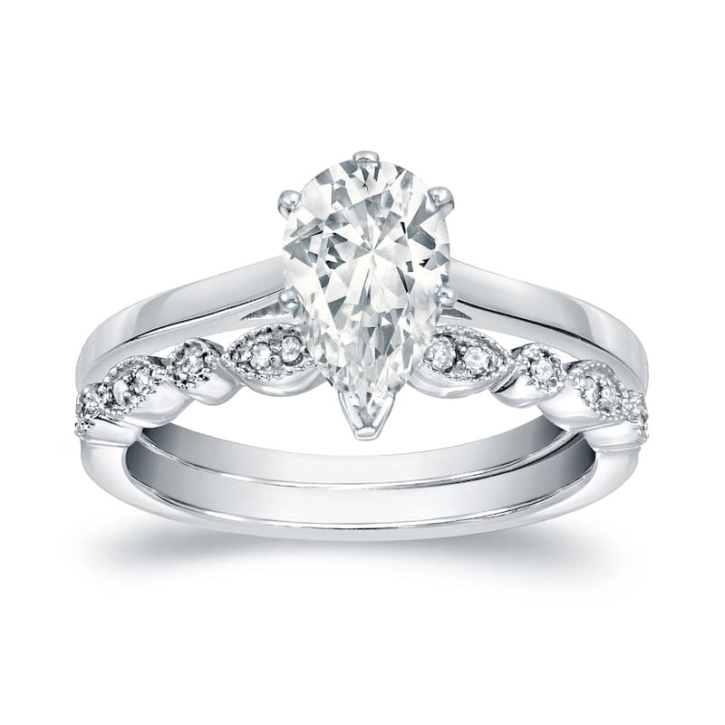 Auriya 14k Gold 7/8ctw Vintage Pear Shape Solitaire Diamond Engagement Ring Set