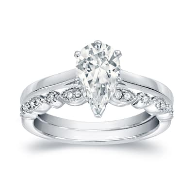 Auriya 14k Gold 7/8ctw Vintage Pear Shape Solitaire Diamond Engagement Ring Set
