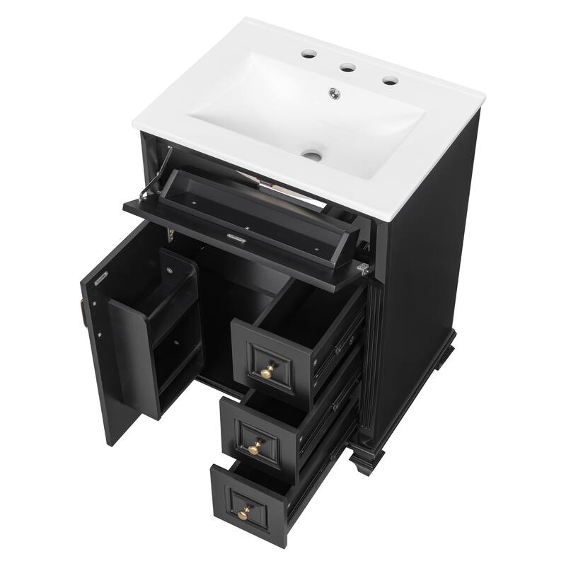 24" Freestanding Bathroom Vanity with Ceramic Sink, Flip-Out Drawer & 3-Drawer Cabinet, Solid Wood & MDF