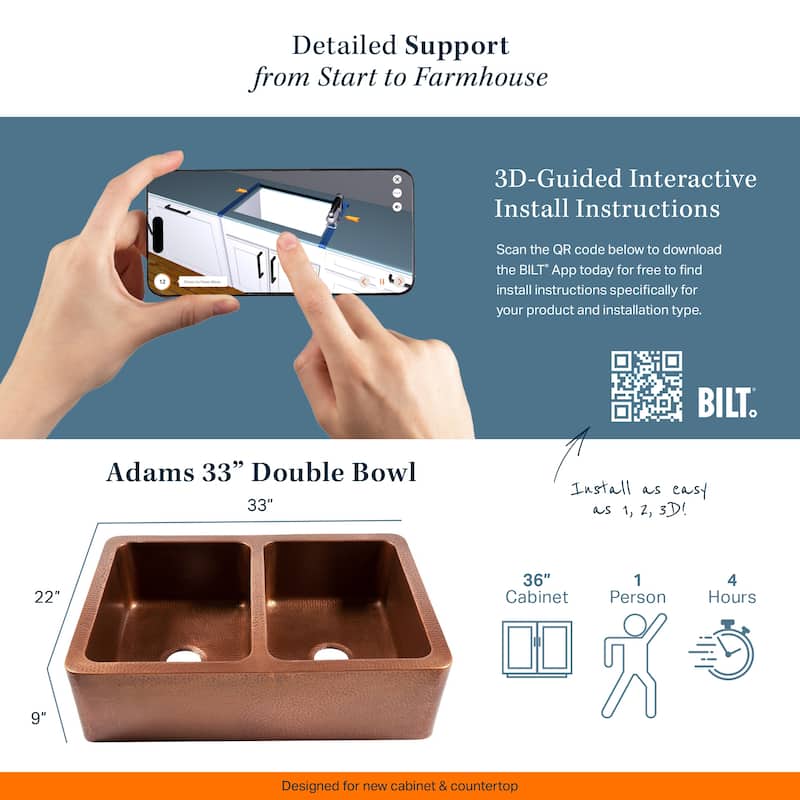 Adams Copper 33" Double Bowl Farmhouse Apron Front Undermount Kitchen Sink