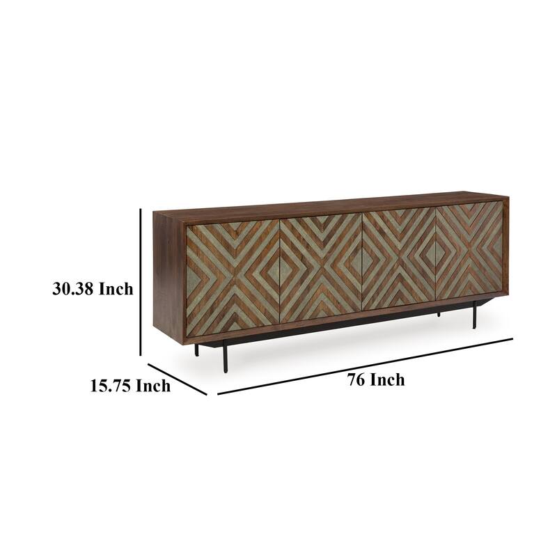 Sideboard Cabinet Console, 4 Carved Diamond Style Doors, Brown 76 Inch