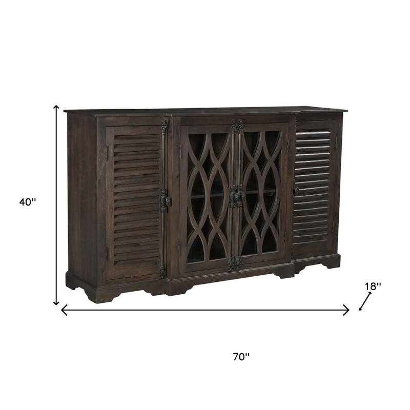 HomeRoots 70" Dark Brown Solid Wood Carved Geometric Sideboard with Four Doors - 70.00 in. x 40.00 in. x 18.00 in.