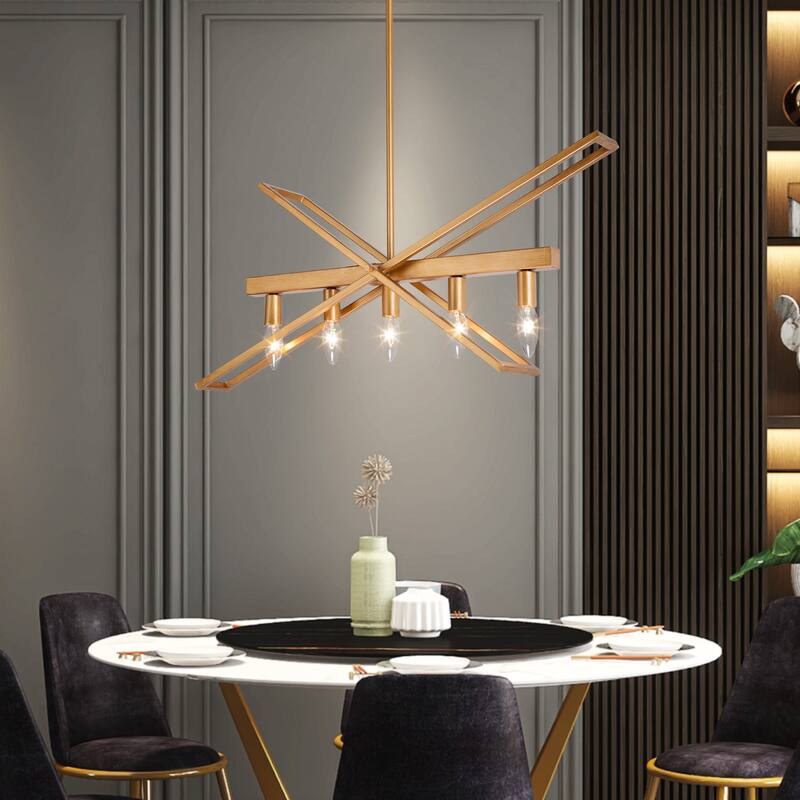 Modern Glam Geometric Chandelier Brushed Gold Ceiling Lighting for Kitchen Island Dining Room Entryway - L25.6" *W8.2" * H18"