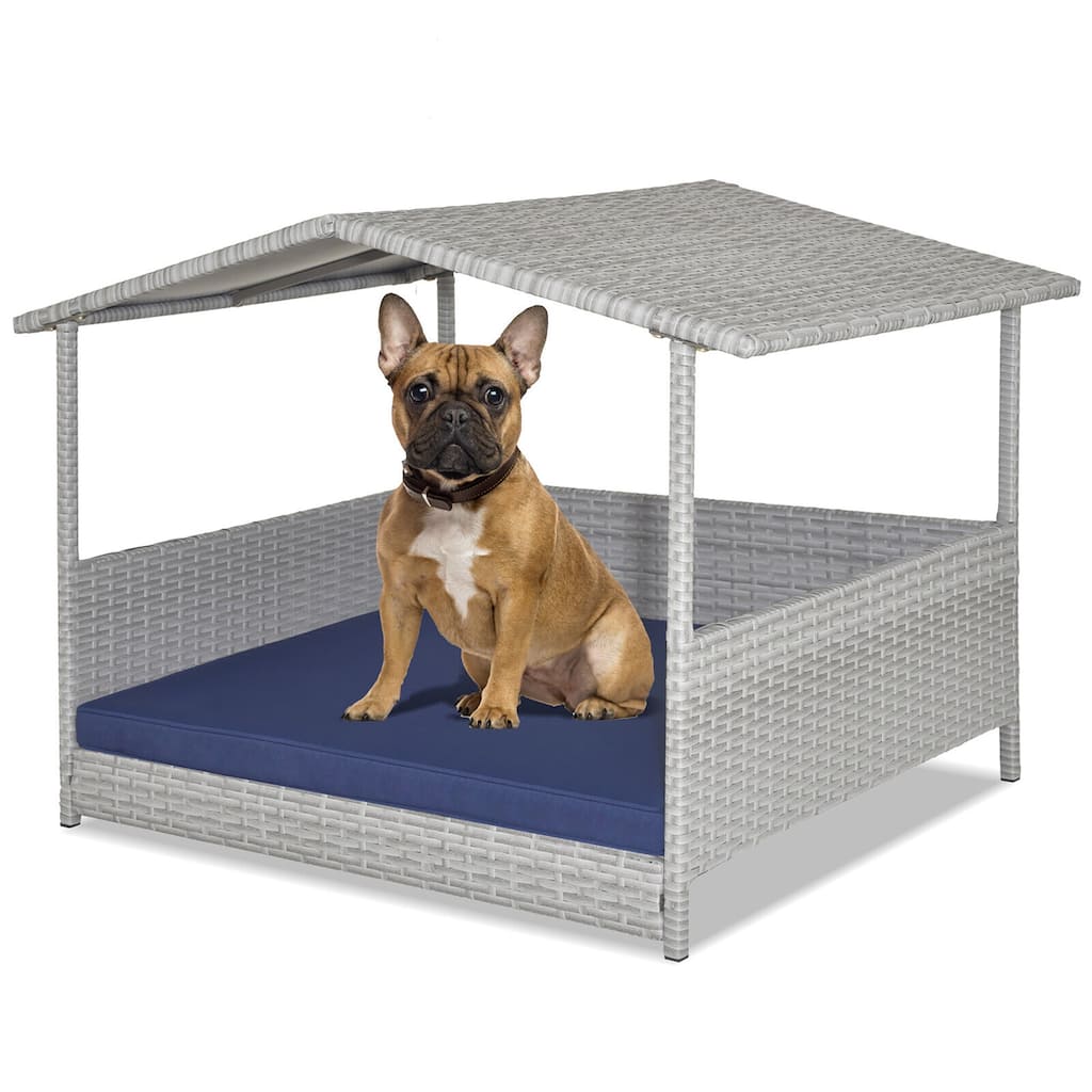 Gymax Wicker Dog House Weather-Resistant Raised Rattan Pet Bed w/ - Navy