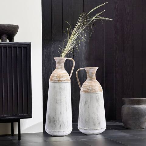 Distressed Off White and Rustic Brown Metal Pitcher Vase (Set of 2)