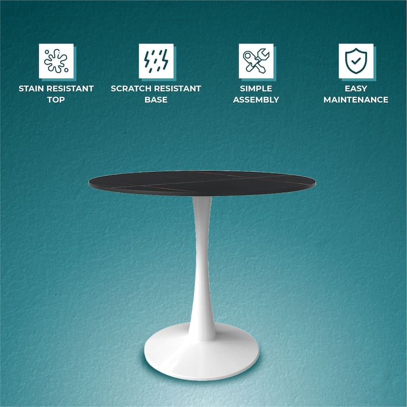 Bristol Round Dining Table for 4, 35" Sintered Stone Tabletop with White Stainless Steel Pedestal Base