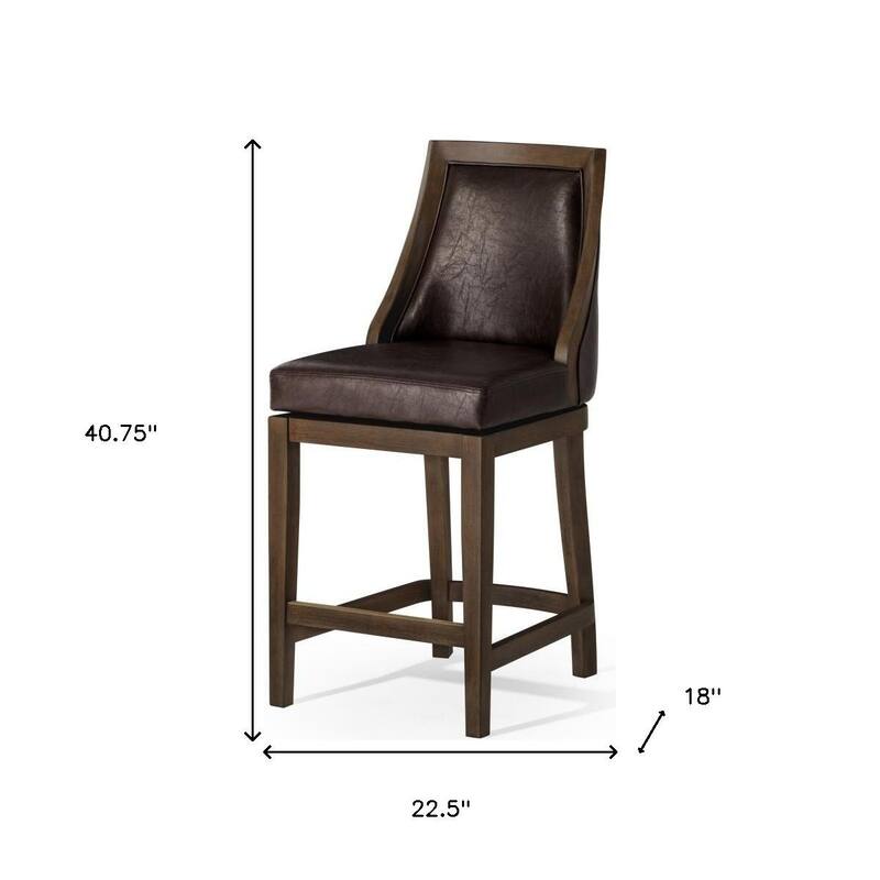 HomeRoots 26" Brown Faux Leather and Solid Wood Counter Height Swivel Bar Chair