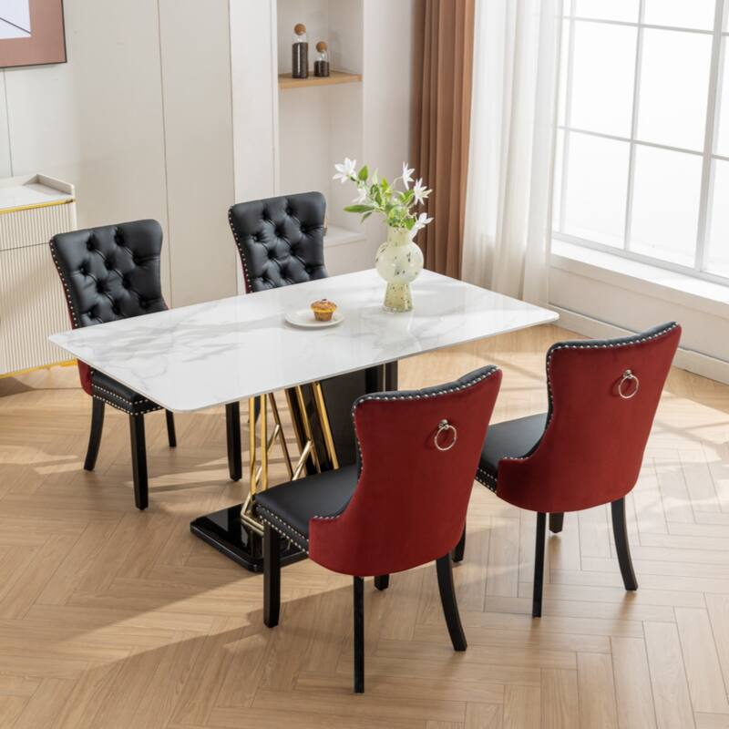 High-end Tufted Solid Wood Contemporary PU and Velvet Upholstered Dining Chair with Wood Legs Nailhead Trim 2-Pcs Set