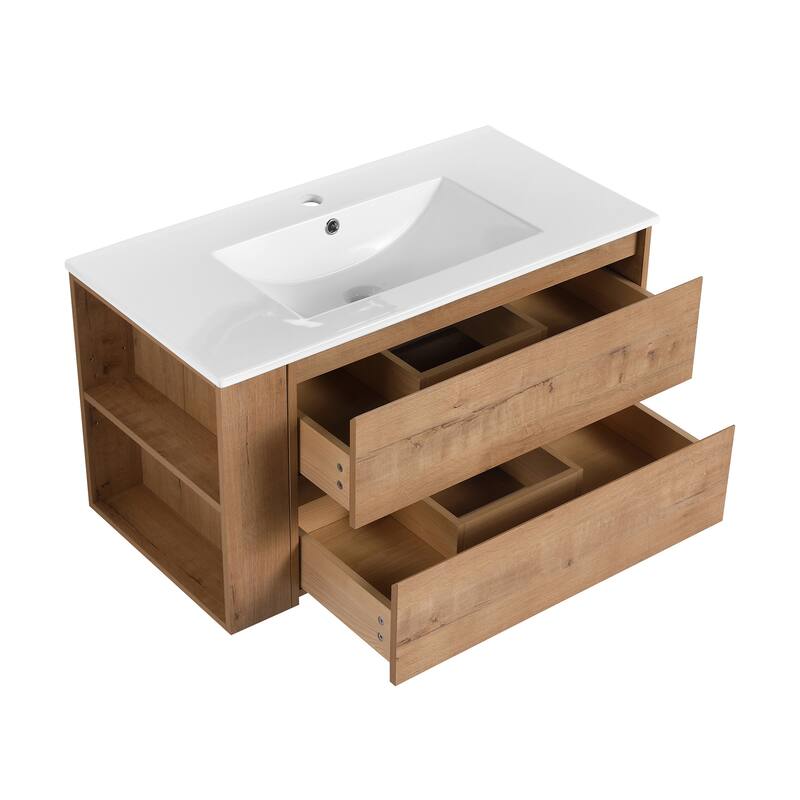 36 inch Plywood Wall Mounting Bathroom Vanity Set in Imitative Oak with Integrated Ceramic Sink