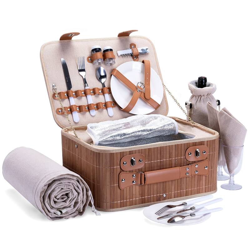 Picnic Basket Set for 2 with Waterproof Blanket Insulated Wine Pouch Hamper with Cutlery for Two Persons - Brown