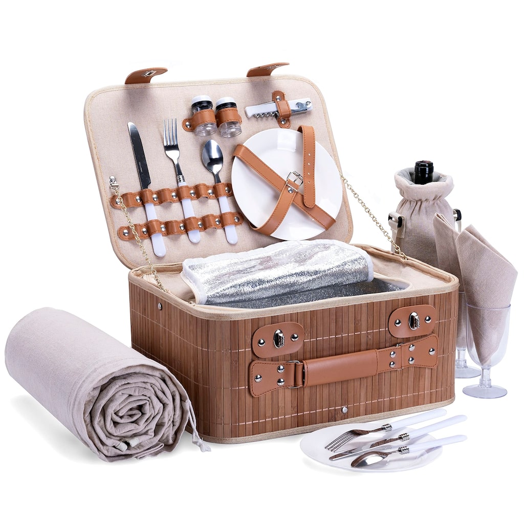 Picnic Basket Set for 2 with Waterproof Blanket Insulated Wine Pouch Hamper with Cutlery for Two Persons