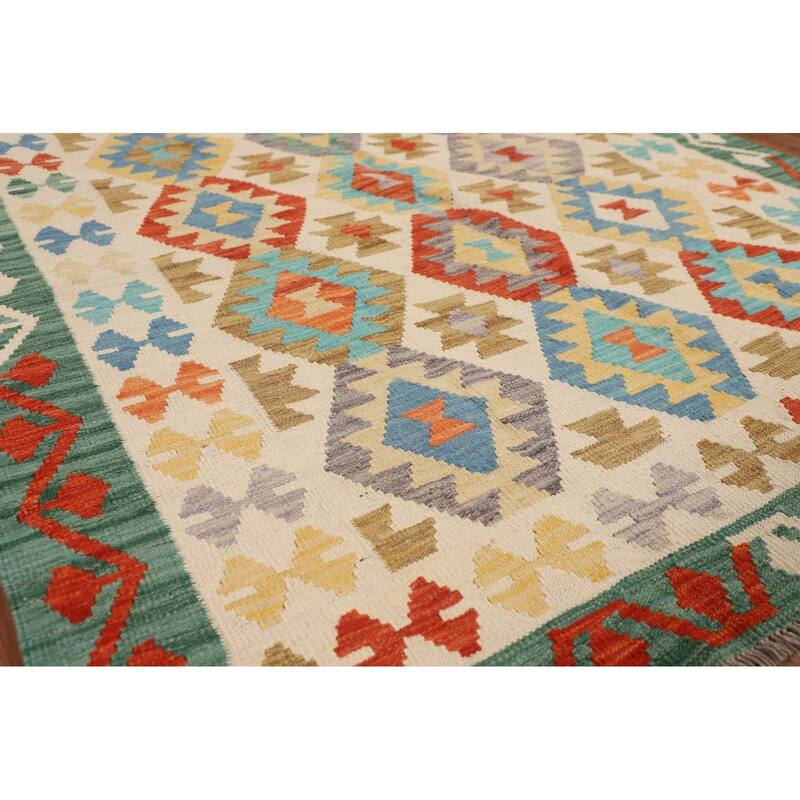 Kilim Reversible Area Rug Hand-Woven Geometric Beige Wool Carpet - 4'10"x 6'5"