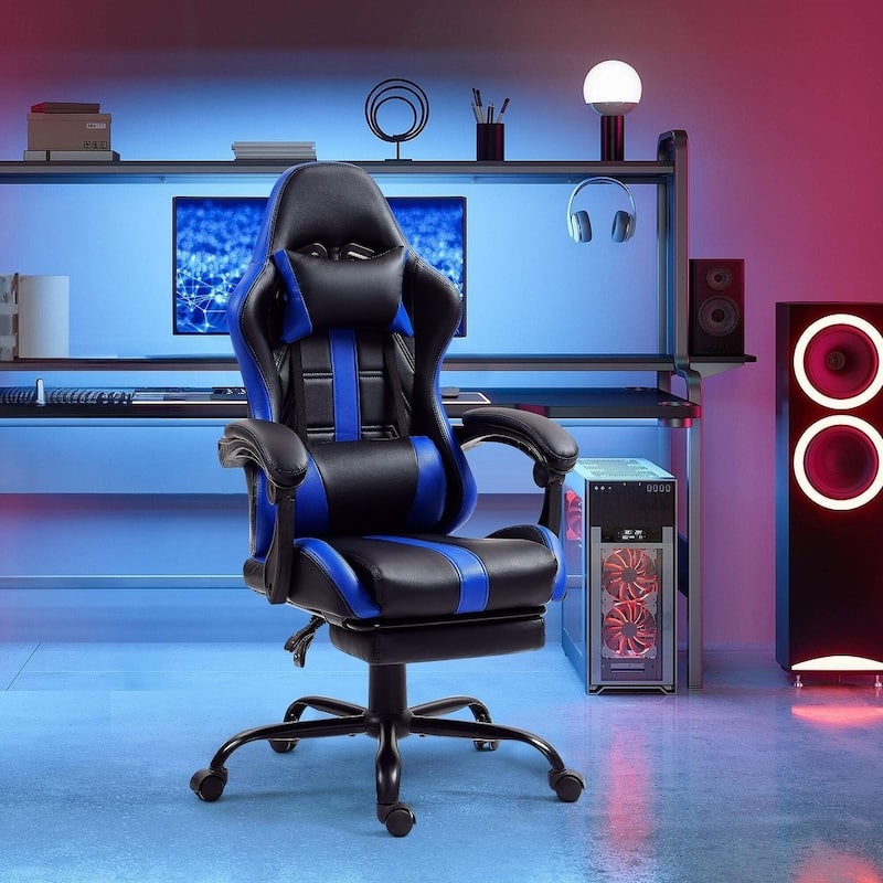 EROMMY RGB LED Gaming Chair with Thickened Massage Lumbar Pillow & Upgraded Footrest, Reclining Ergonomic Chair - Blue