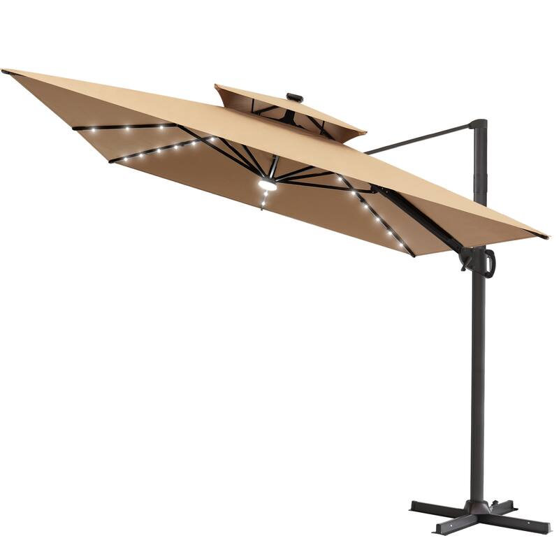 9 X 11 FT Outdoor Patio Cantilever Umbrella with Solar Lights Double Canopy 360 Rotation Tilt
