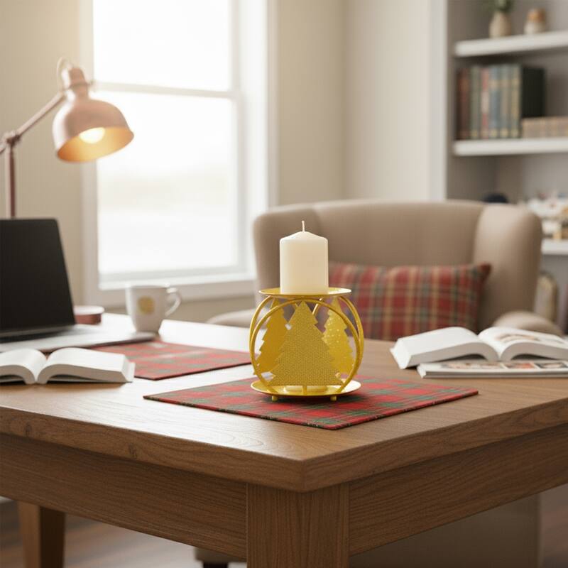 Glittered Metal Christmas Tree Pillar Candle Holders - 4.25" - Set of 4