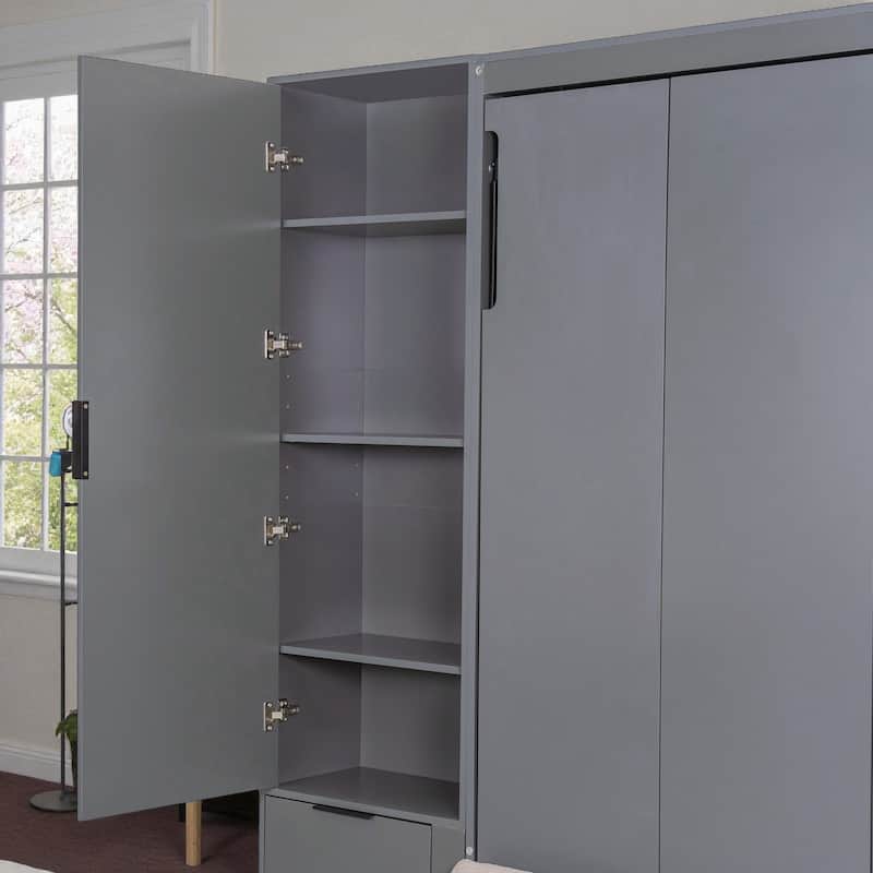 Queen Wall Murphy Bed with Hydraulic Lift Storage, Sofa, Shelves, Drawers, LED & USB Lighting for Small Spaces
