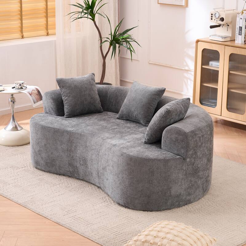 Chenille Crescent-Shaped Loveseat Sofa, High-Resilience Foam Filled 3-Seater Sofa, Upholstered Floor Sofa with Pillows