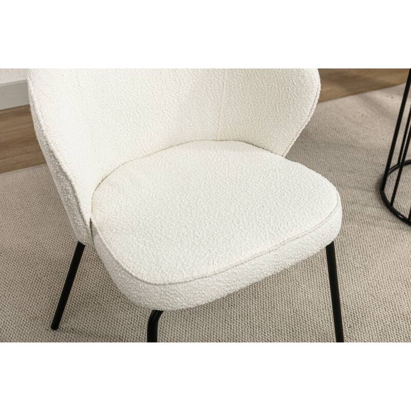 Upholstered Dining Side Armrest Chair, White Fabric Dining Chairs Set of 2, Bedroom Vanity Chair with Black Metal Legs