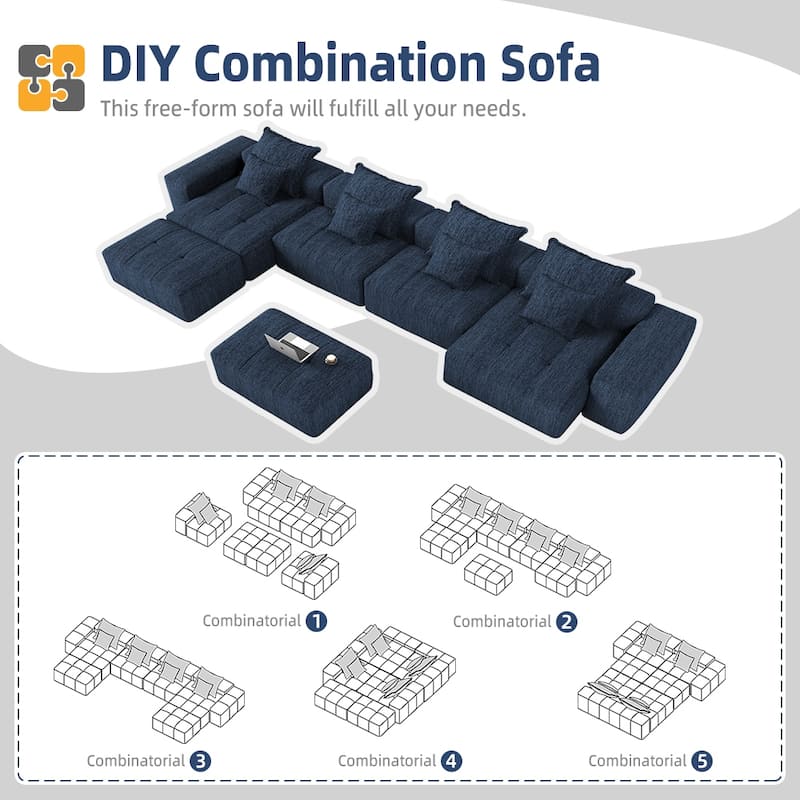 Modern Oversized Modular Sectional Sofa, Sparkling Chenille, 8 Pillows, No Assembly, Blue