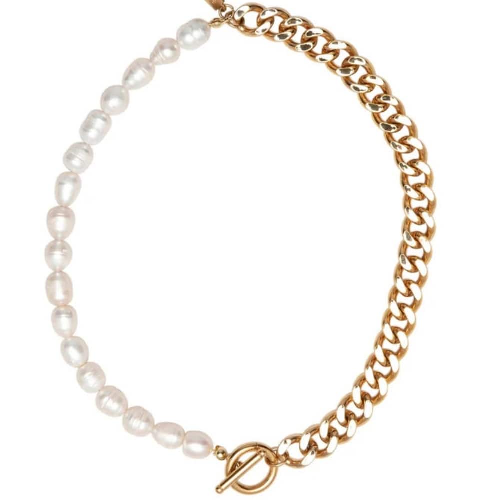 Bliss Diamond Yellow Gold Plated Fresh Water Pearl And Curb Link Necklace 18" Toggle Clasp
