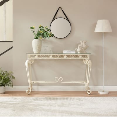 Mieres Console Table, 2-Tier Glass Entryway Table, Narrow Sofa Table with Shelves, Entry Console Table Metal with Storage