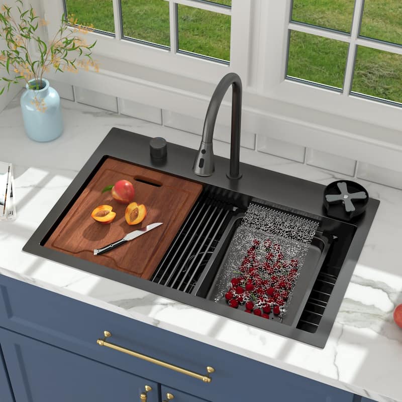 Lordear 31" Kitchen Sink Drop In Flying Rain Waterfall Stainless Steel Sink with Cup Washer and Pull Out Faucet