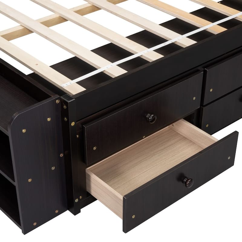 Full Size Bed with Bookcase Headboard, Under bed Storage Drawers and Bed End Storage Case
