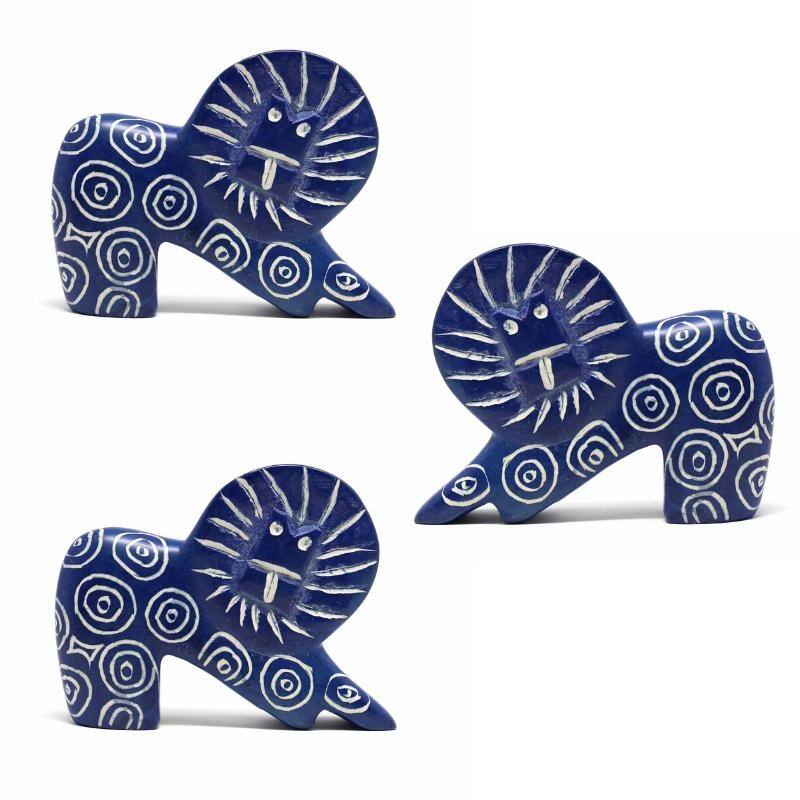 Small Soapstone Lion Figurine - Set of 3, Dark Blue