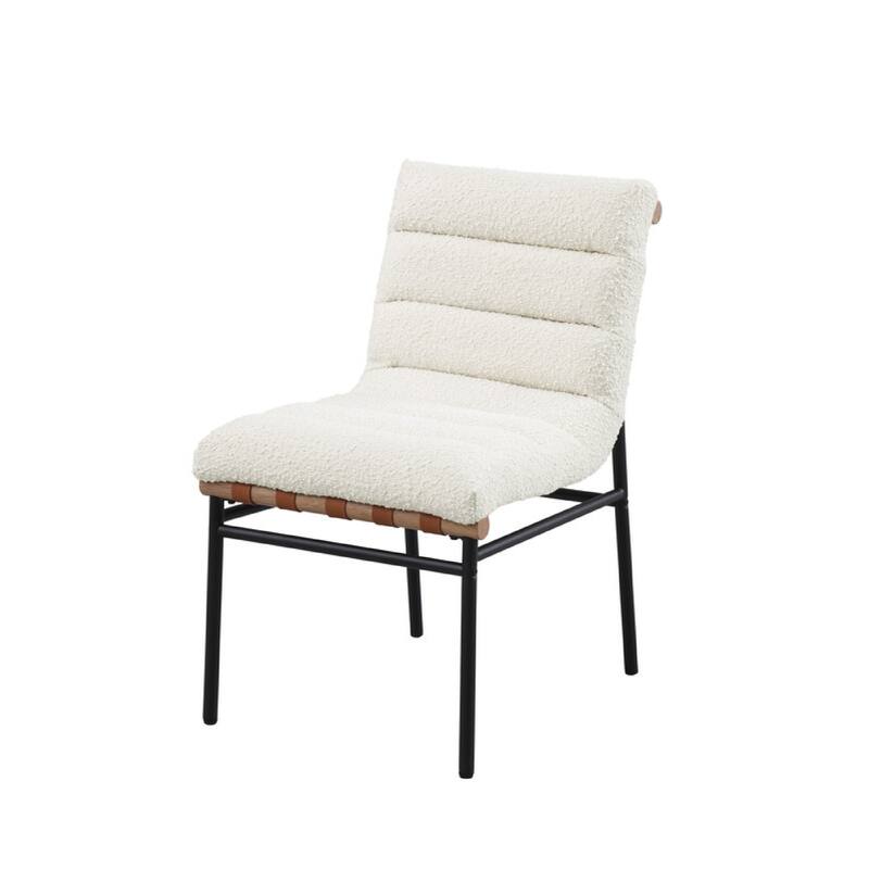 Kive Dining Chair Set of 2, Black Iron Legs, White Channel Tuft Boucle